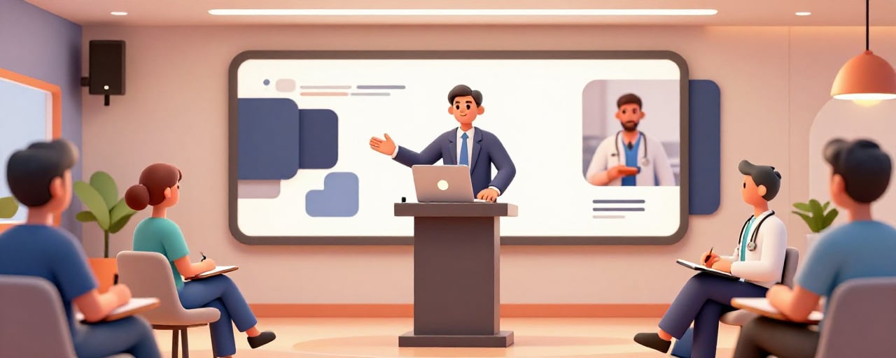 Healthcare professional delivering a polished PowerPoint presentation to colleagues in a modern conference room