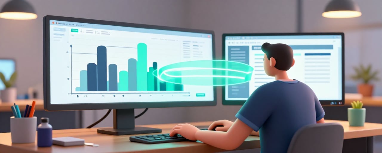 Healthcare professional integrating Excel data into a Word report on a modern workstation
