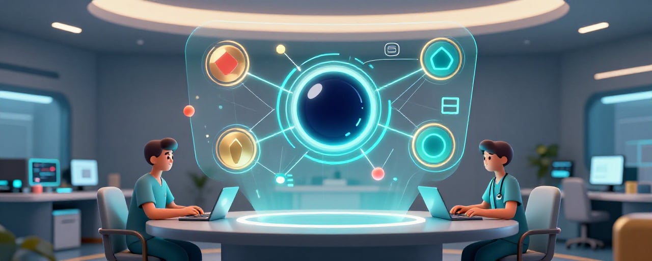 Healthcare database systems visualization showing interconnected electronic health records, laboratory data, and medical information exchange networks